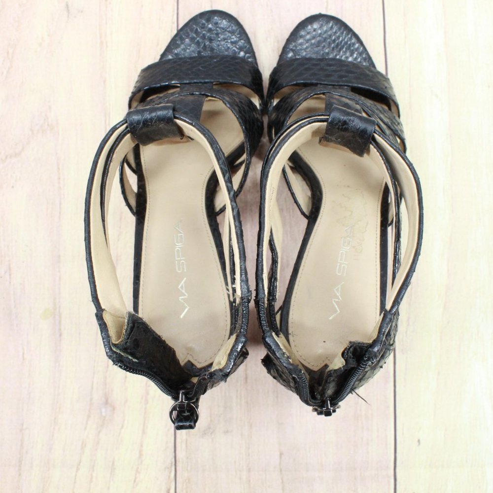 Via Spiga Black Snakeskin Patent Leather T Strap Heeled Sandals 6 M - Picture 6 of 11